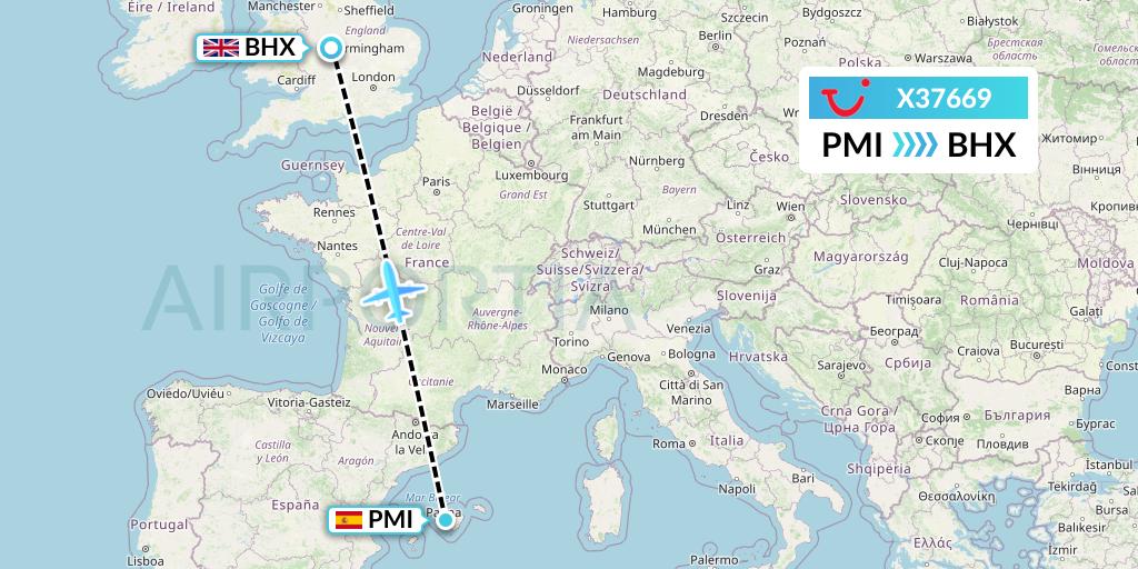 X37669 TUI fly Germany Flight Map: Palma de Mallorca to Birmingham