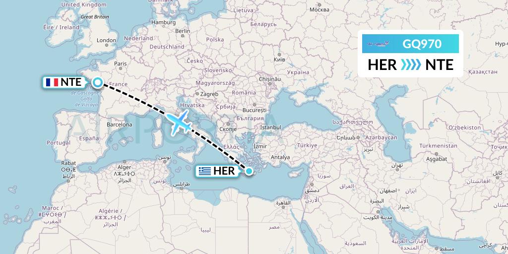 GQ970 Sky Express (Greece) Flight Map: Heraklion to Nantes