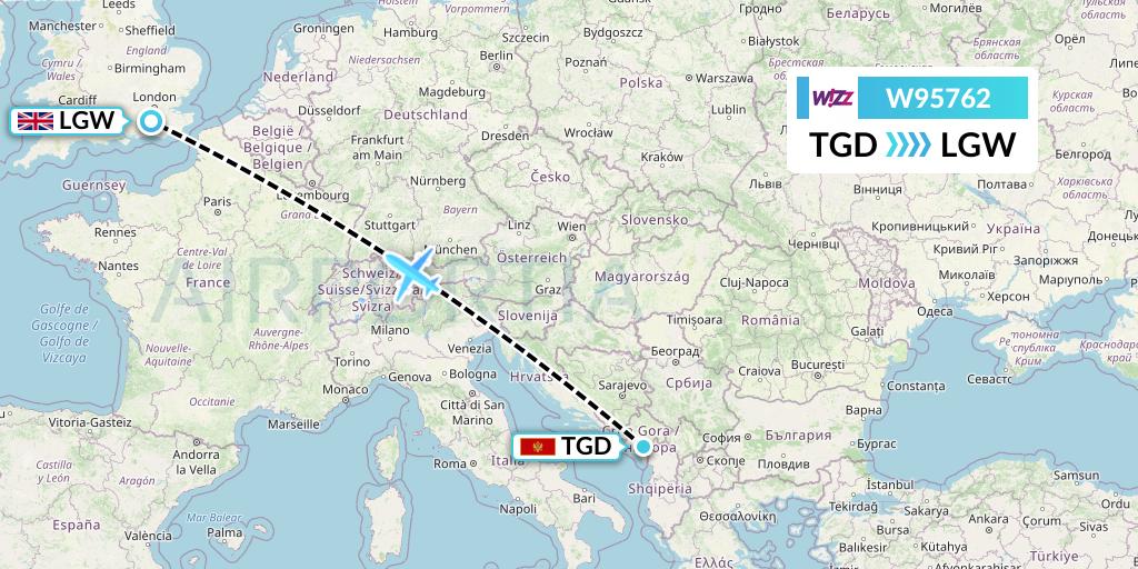 W95762 Wizz Air UK Flight Map: Podgorica to London