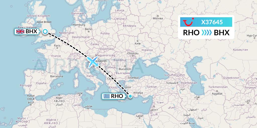 X37645 TUI fly Germany Flight Map: Rhodes to Birmingham