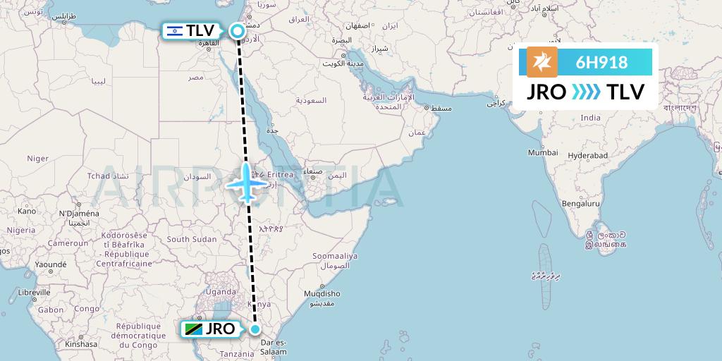 6H918 Israir Airlines Flight Map: Kilimanjaro to Tel Aviv