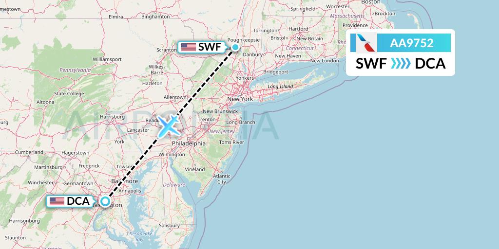 AA9752 American Airlines Flight Map: Newburgh to Washington