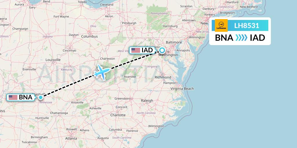 LH8531 Lufthansa Flight Map: Nashville to Washington