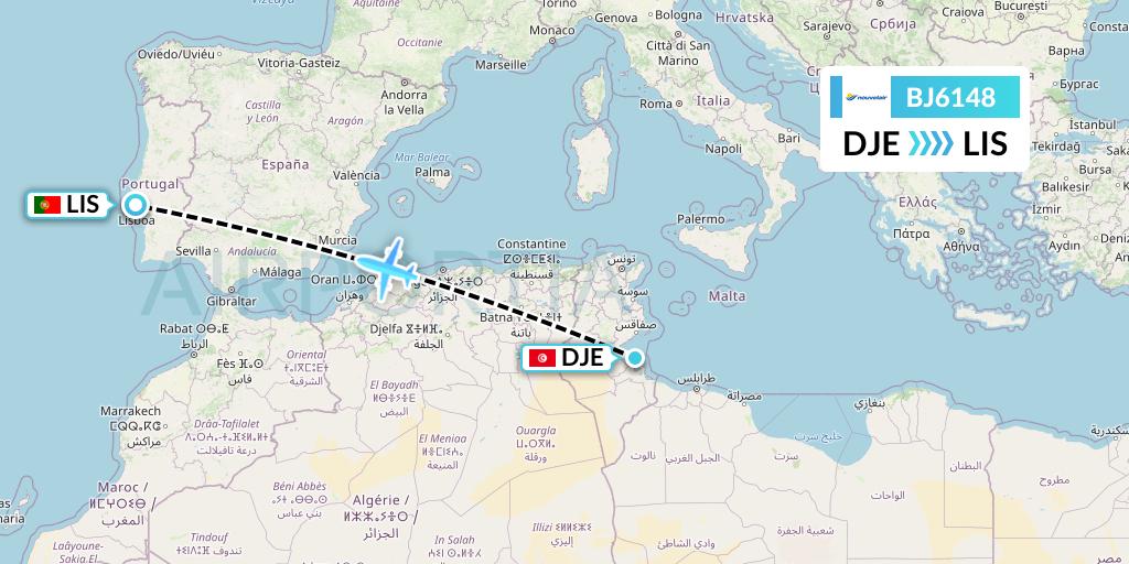 BJ6148 Nouvelair Tunisie Flight Map: Djerba to Lisbon