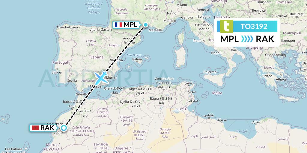 TO3192 Transavia France Flight Map: Montpellier to Marrakesh 