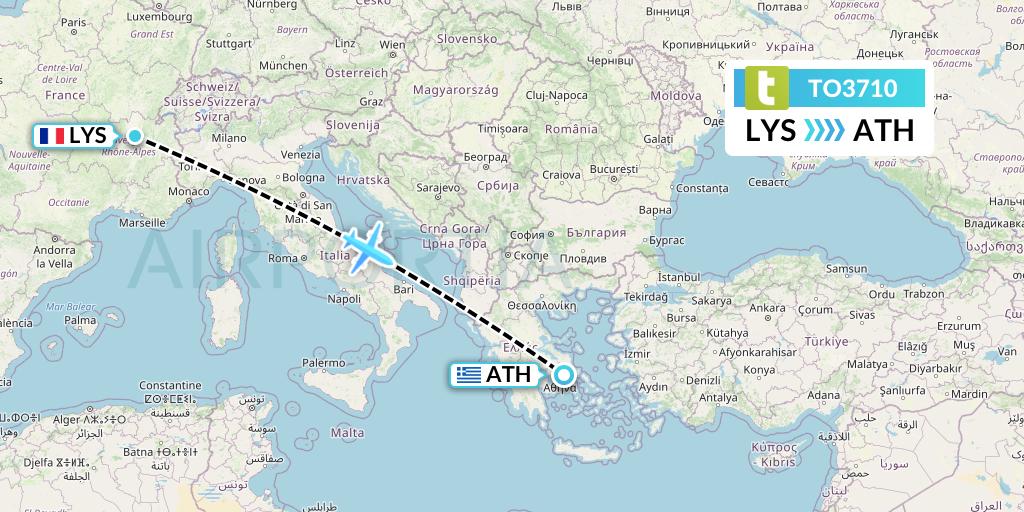 TO3710 Transavia France Flight Map: Lyon to Athens