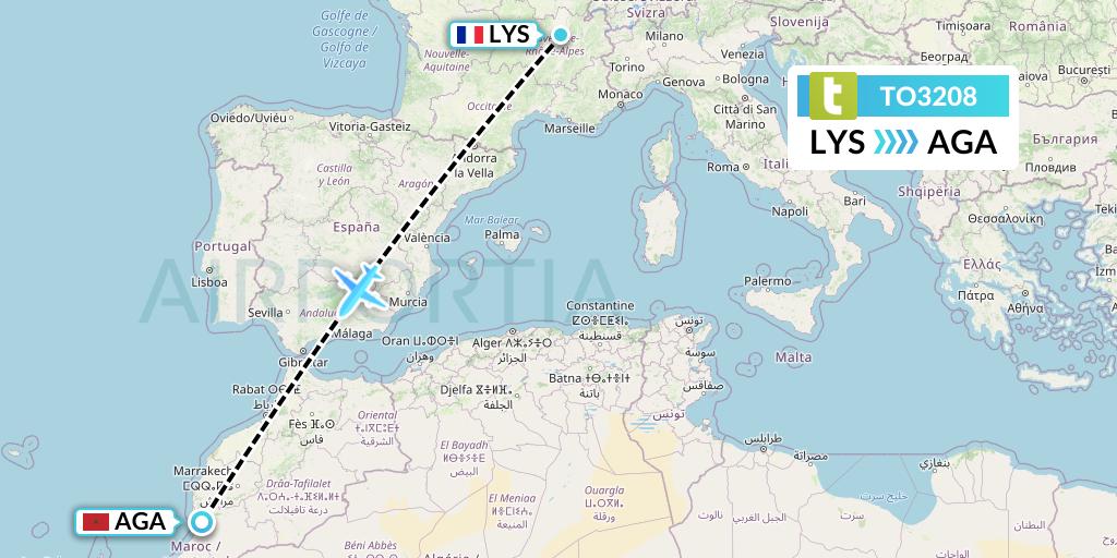 TO3208 Transavia France Flight Map: Lyon to Agadir