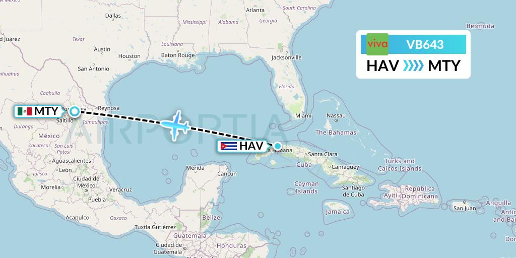 VB643 VivaAerobus Flight Map: Havana to Monterrey