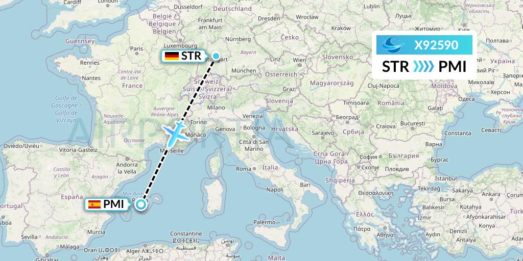 X92590 Avion Express Flight Map: Stuttgart to Palma de Mallorca