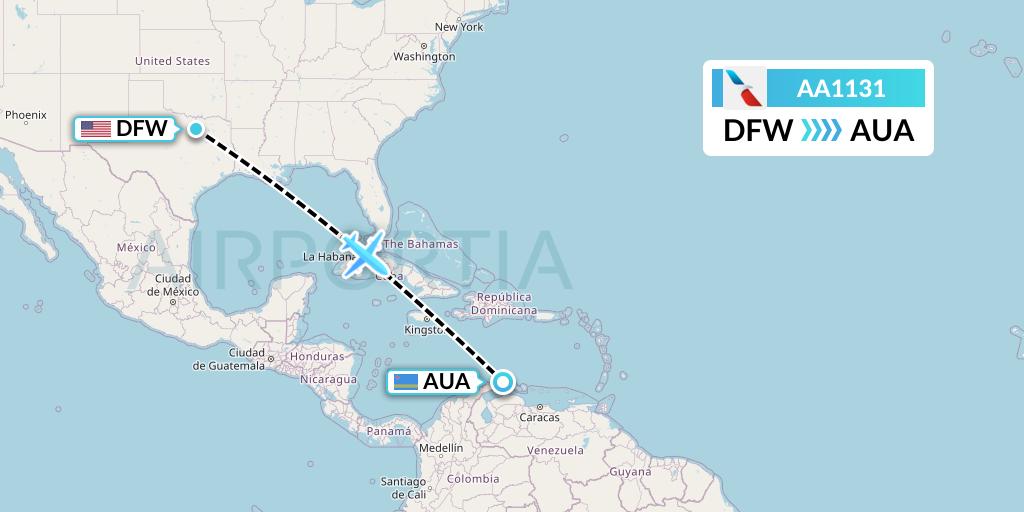 AA1131 American Airlines Flight Map: Dallas to Oranjestad