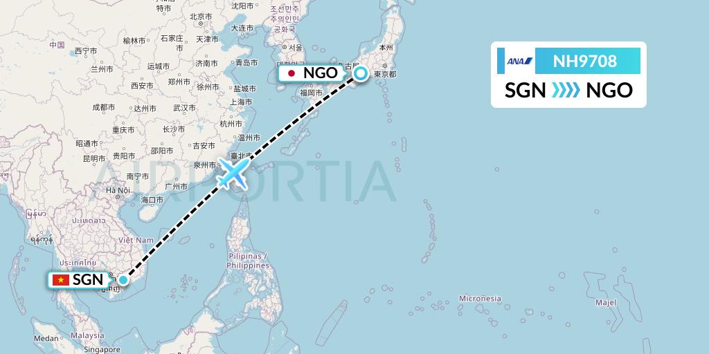 NH9708 All Nippon Airways Flight Map: Ho Chi Minh City to Nagoya