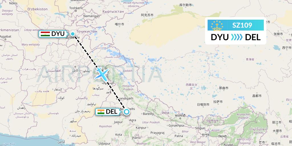 SZ109 Somon Air Flight Map: Dushanbe to Delhi