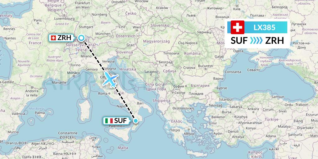 LX385 Swiss Flight Map: Lamezia Terme to Zurich
