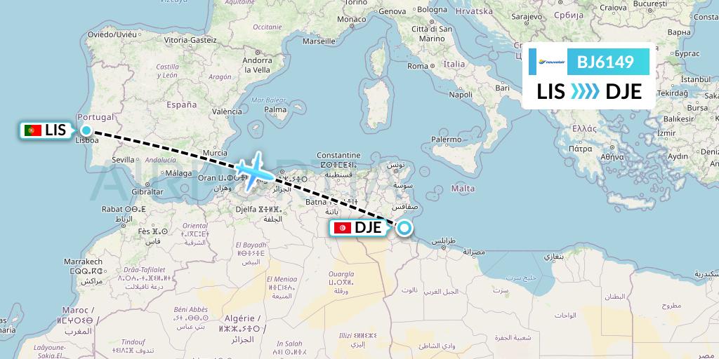 BJ6149 Nouvelair Tunisie Flight Map: Lisbon to Djerba