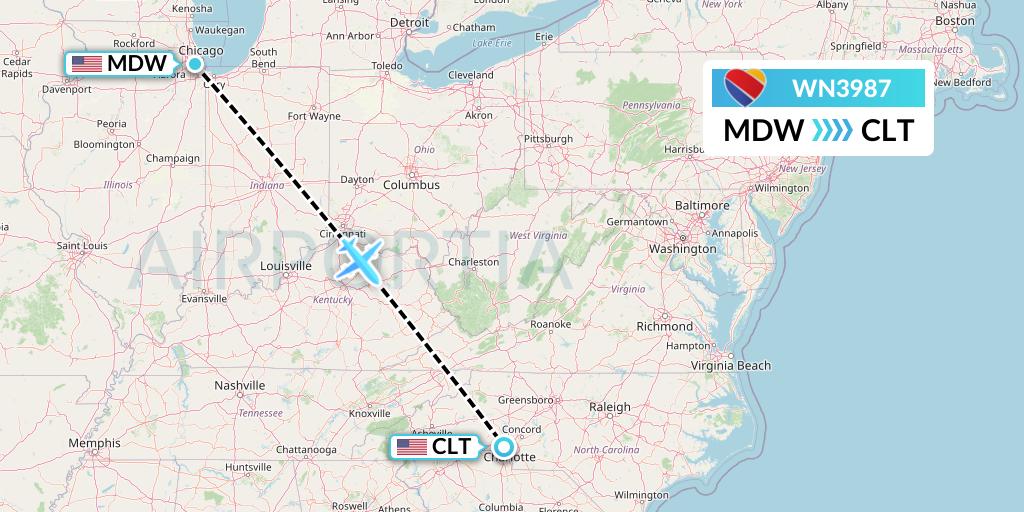 WN3987 Southwest Airlines Flight Map: Chicago to Charlotte