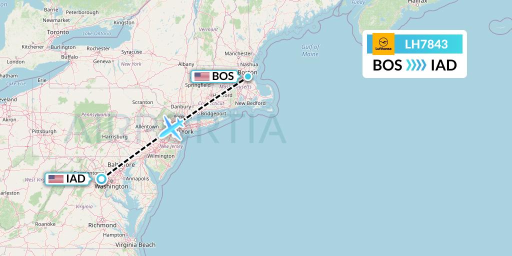 LH7843 Lufthansa Flight Map: Boston to Washington