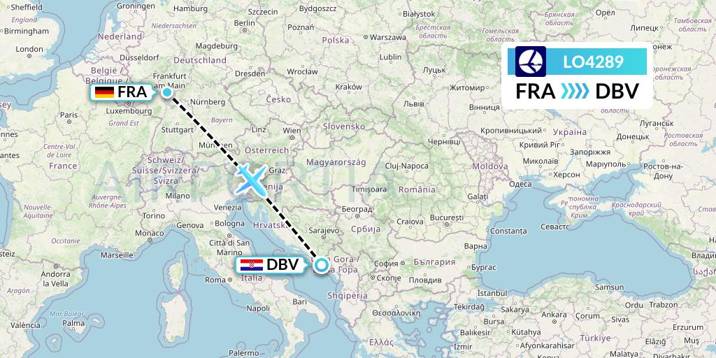 LO4289 LOT Flight Map: Frankfurt to Dubrovnik