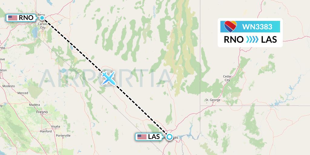 WN3383 Southwest Airlines Flight Map: Reno to Las Vegas