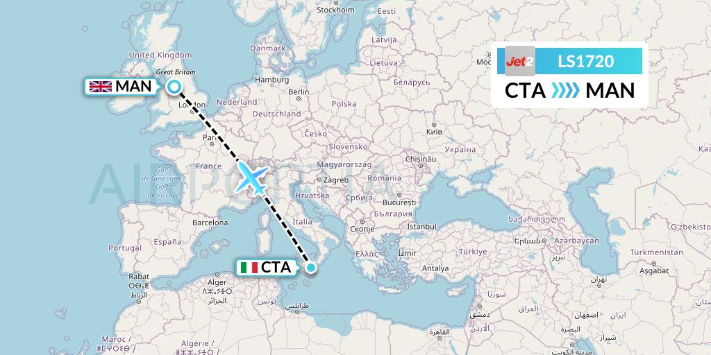 LS1720 Jet2 Flight Map: Catania to Manchester