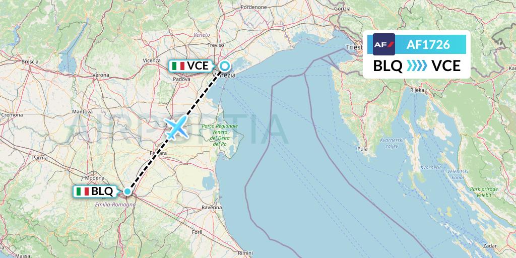 AF1726 Air France Flight Map: Bologna to Venice