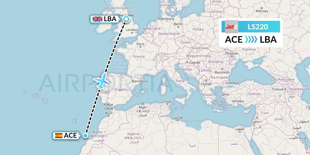 LS220 Jet2 Flight Map: Lanzarote to Leeds