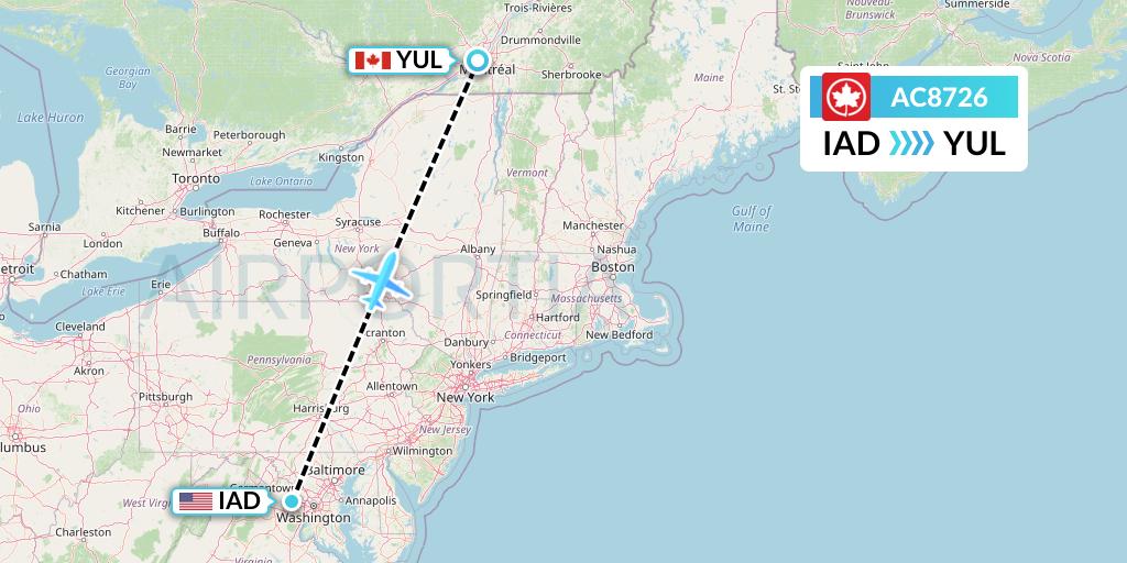 AC8726 Air Canada Flight Map: Washington to Montreal
