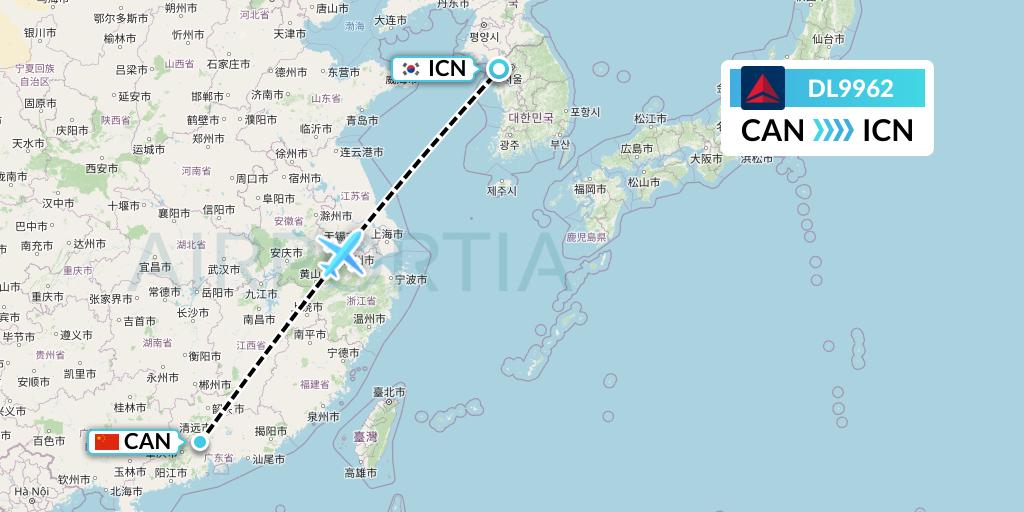 DL9962 Delta Air Lines Flight Map: Guangzhou to Seoul