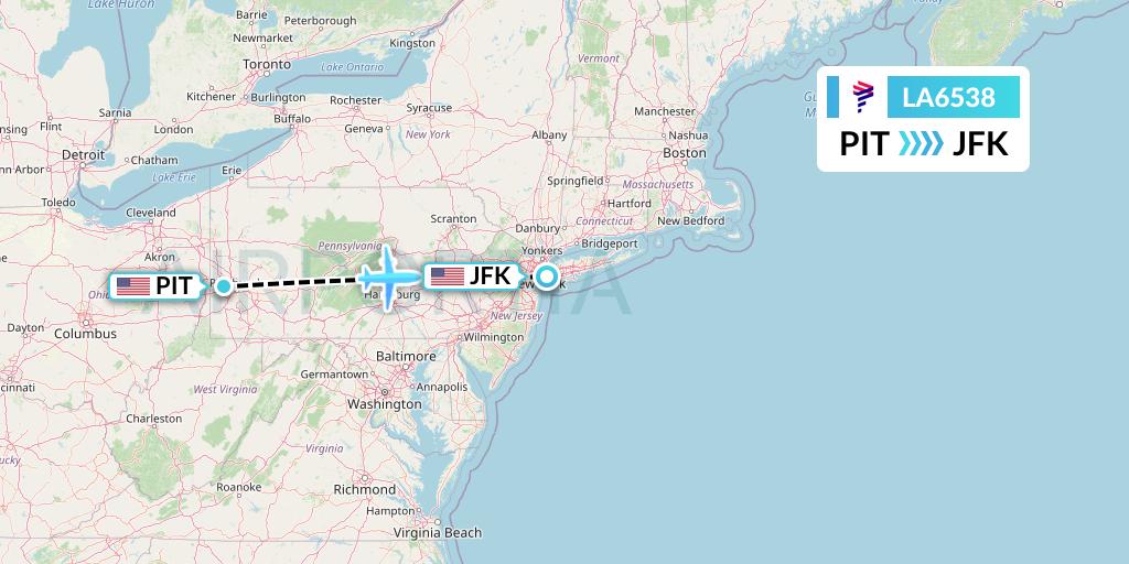 LA6538 LAN Airlines Flight Map: Pittsburgh to New York