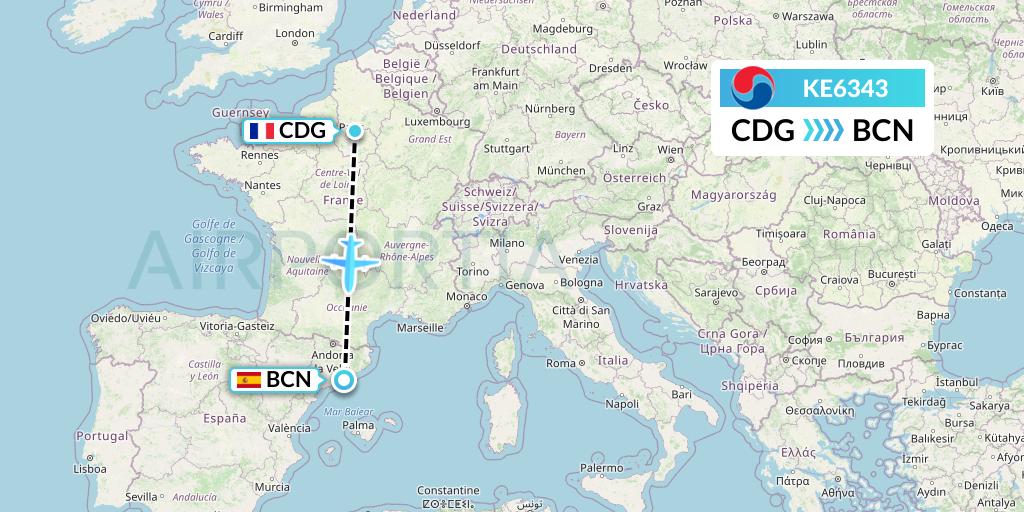 KE6343 Korean Air Flight Map: Paris to Barcelona