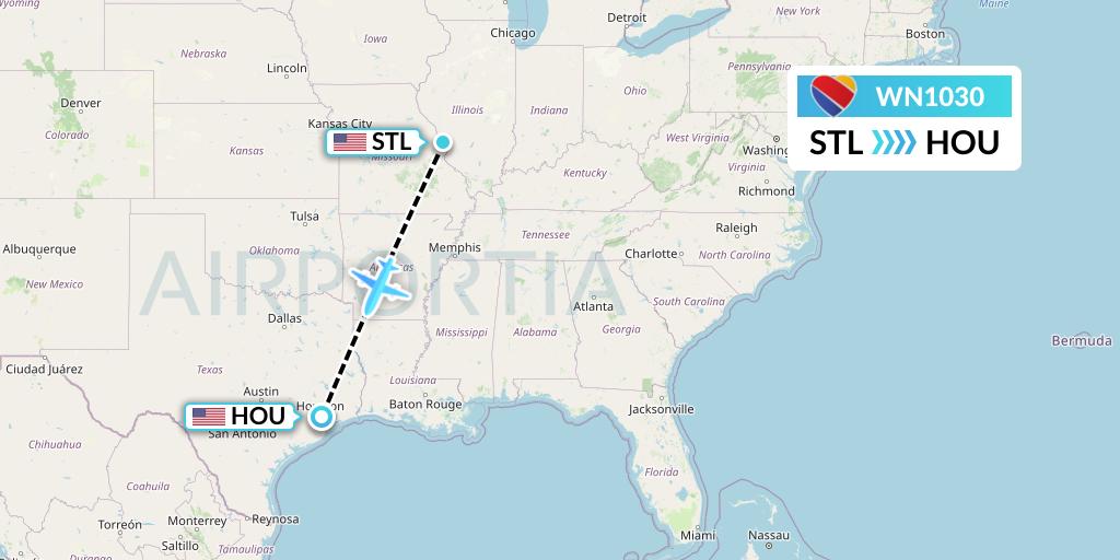 WN1030 Southwest Airlines Flight Map: St. Louis to Houston