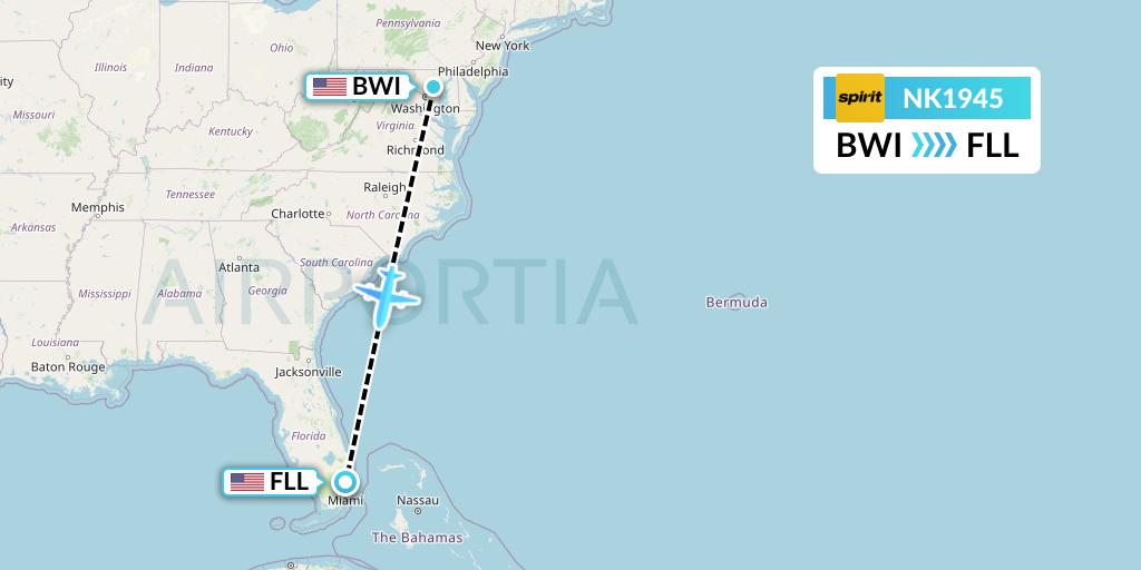 NK1945 Spirit Airlines Flight Map: Baltimore to Fort Lauderdale