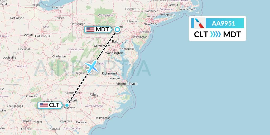 AA9951 American Airlines Flight Map: Charlotte to Harrisburg