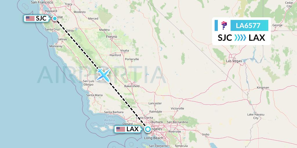 LA6577 LAN Airlines Flight Map: San Jose to Los Angeles