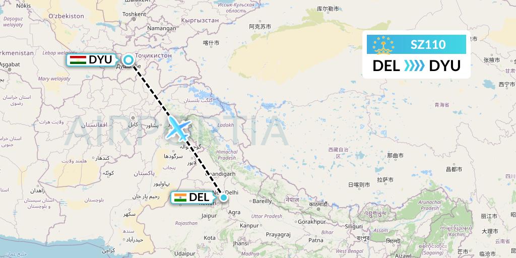 SZ110 Somon Air Flight Map: Delhi to Dushanbe