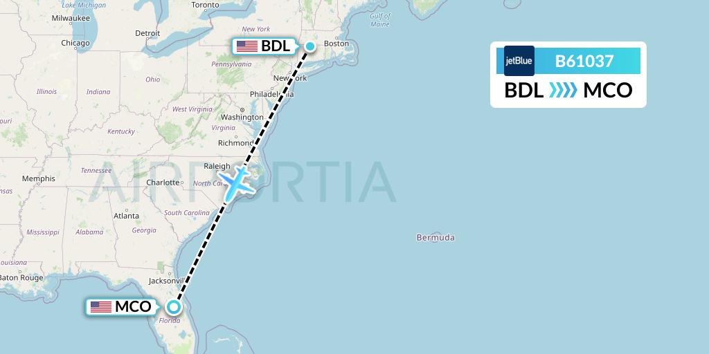B61037 JetBlue Airways Flight Map: Windsor Locks to Orlando