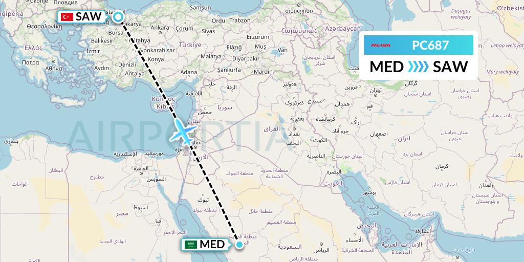 PC687 Pegasus Airlines Flight Map: Medina to Istanbul