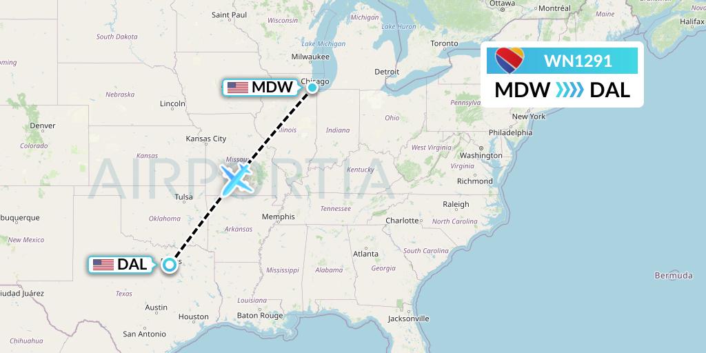 WN1291 Southwest Airlines Flight Map: Chicago to Dallas