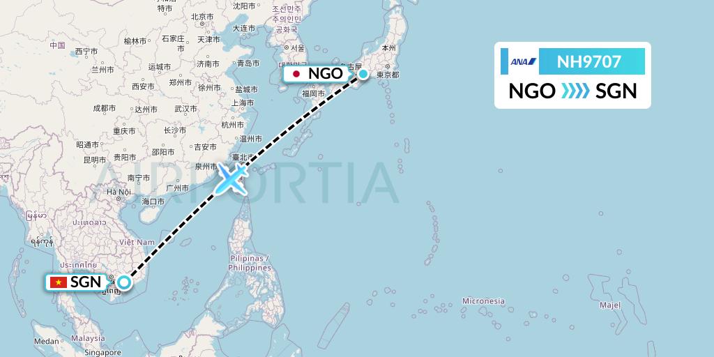 NH9707 All Nippon Airways Flight Map: Nagoya to Ho Chi Minh City