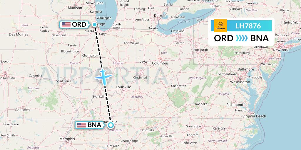 LH7876 Lufthansa Flight Map: Chicago to Nashville
