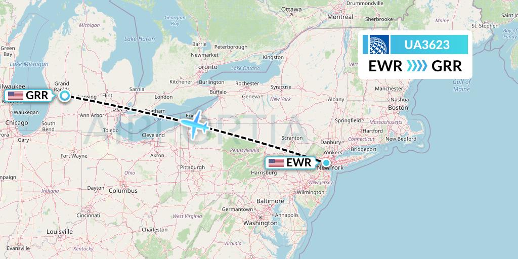 UA3623 United Airlines Flight Map: New York to Grand Rapids