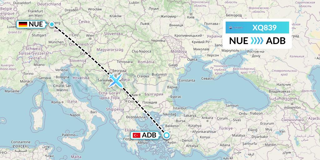 XQ839 SunExpress Flight Map: Nurnberg to Izmir