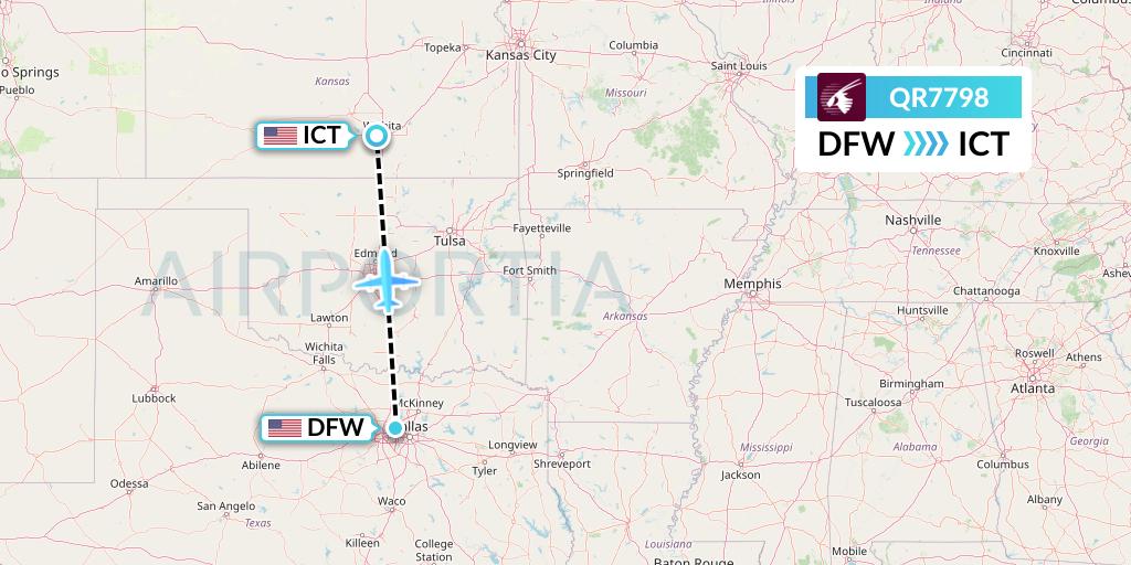 QR7798 Qatar Airways Flight Map: Dallas to Wichita