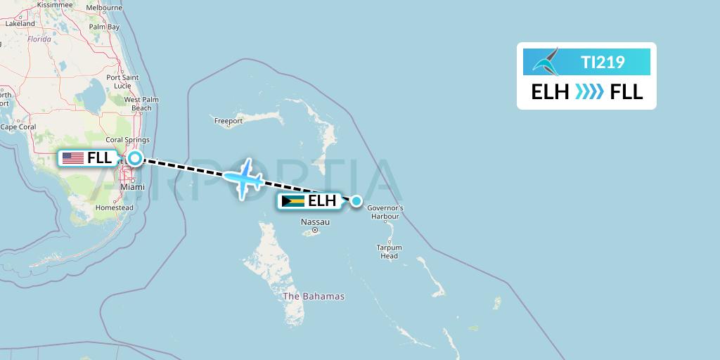 TI219 Tailwind Airlines Flight Map: North Eleuthera to Fort Lauderdale