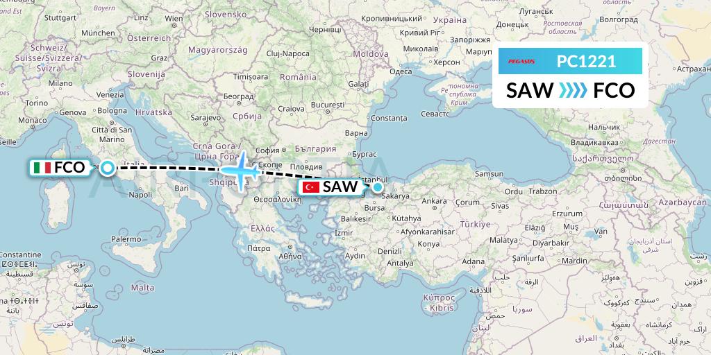 PC1221 Pegasus Airlines Flight Map: Istanbul to Rome