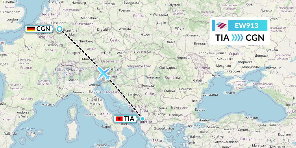 EW913 Eurowings Flight Map: Tirana to Cologne