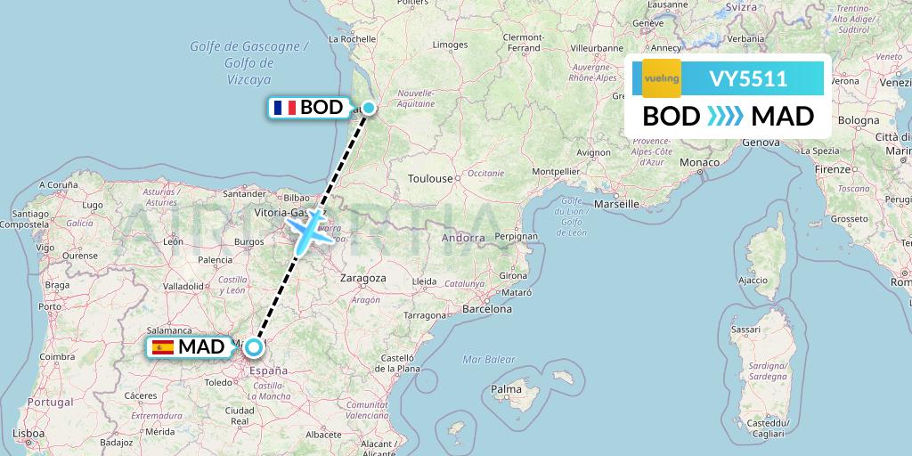 VY5511 Vueling Flight Map: Bordeaux to Madrid