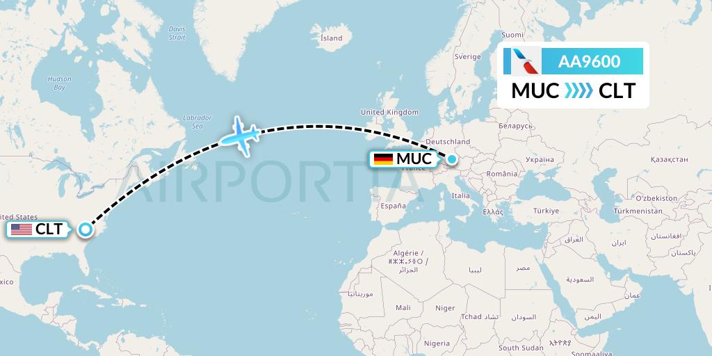 AA9600 American Airlines Flight Map: Munich to Charlotte
