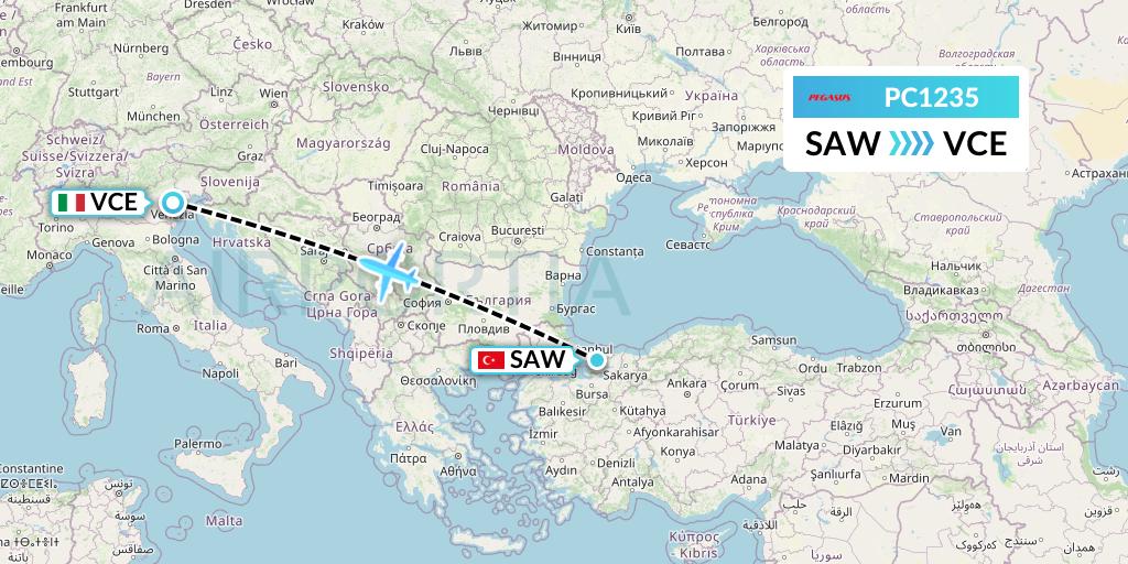 PC1235 Pegasus Airlines Flight Map: Istanbul to Venice