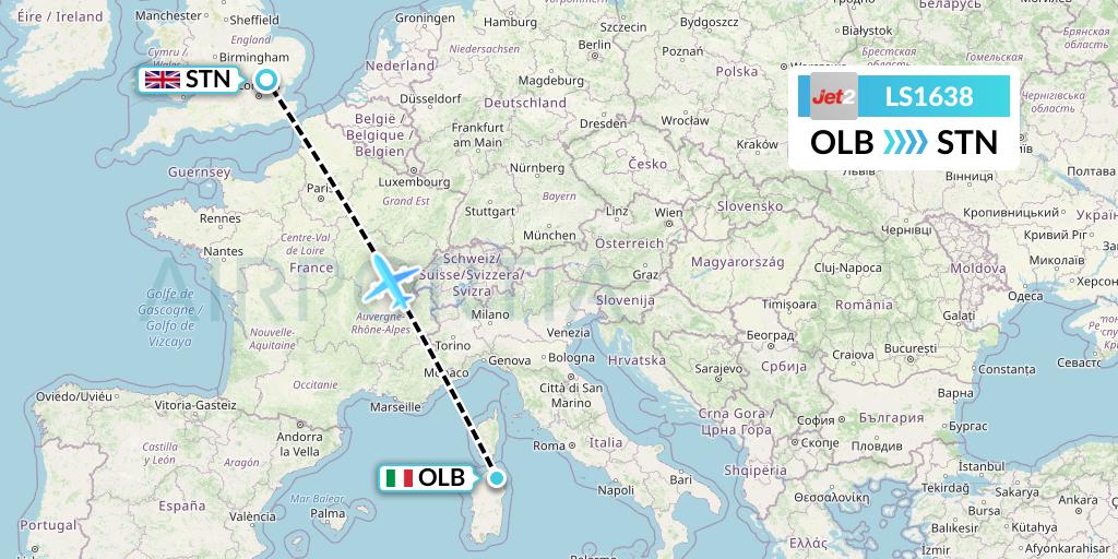 LS1638 Jet2 Flight Map: Olbia to London