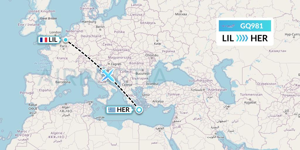 GQ981 Sky Express (Greece) Flight Map: Lille to Heraklion
